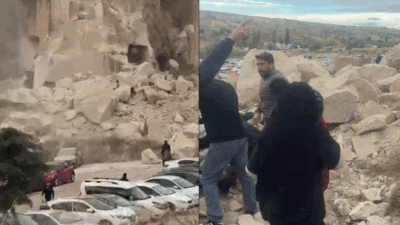 Kapadokya Göreme'de aşırı yağışların tetiklediği toprak kayması sonucu çöken peribacası